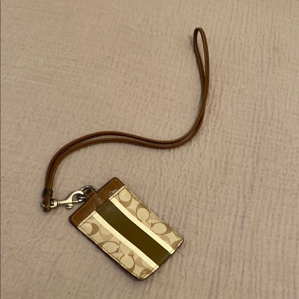 Coach Signature Card Holder with Strap - Brown and Cream
